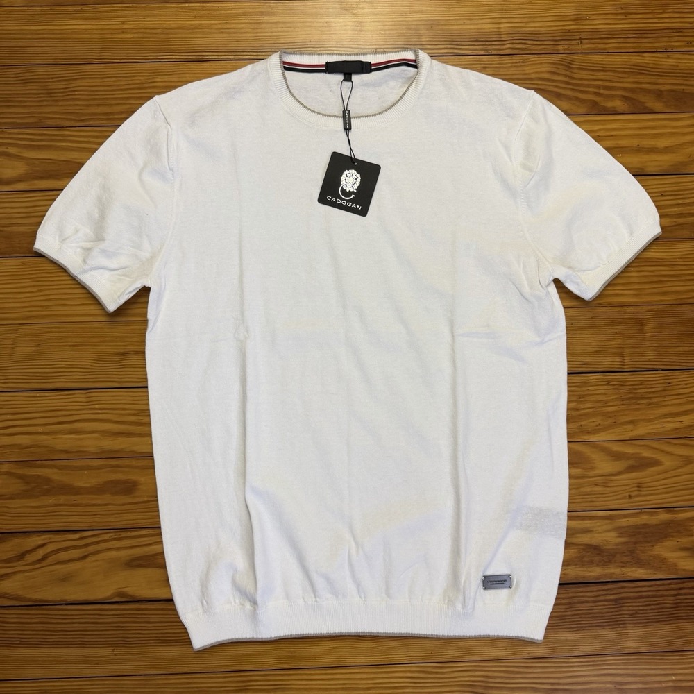 CADOGAN Men's Luxury White Linen Cotton Blend Short Sleeve Large Knit T Shirt